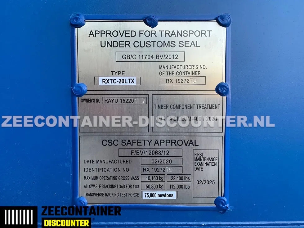 10ft Zeecontainer Dubbeldeurs (tunnel) – RAL 5010 Blauw – Nieuw (CSC) Zeecontainer Discounter