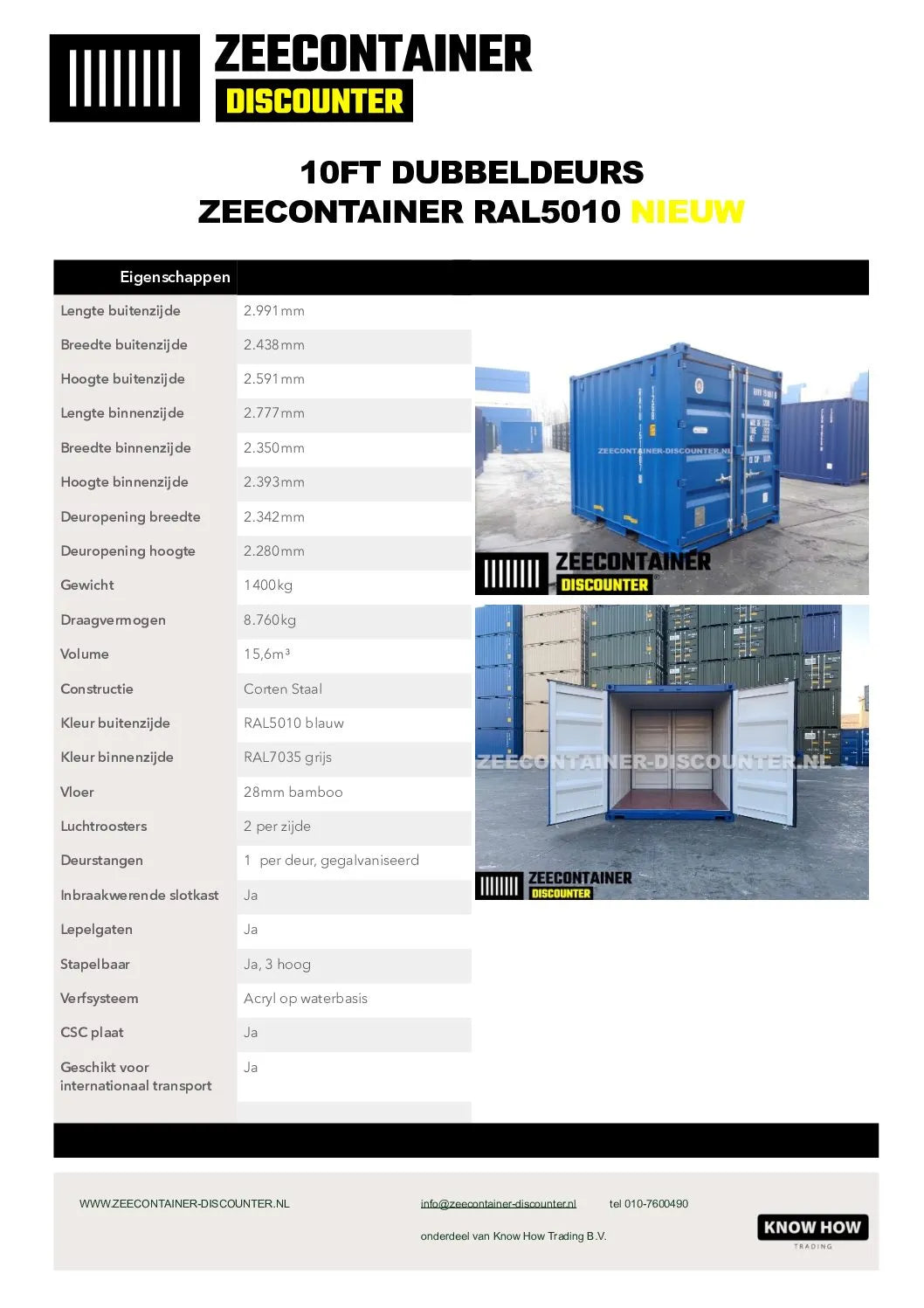 10ft Zeecontainer Dubbeldeurs (tunnel) – RAL 5010 Blauw – Nieuw (CSC) Zeecontainer Discounter
