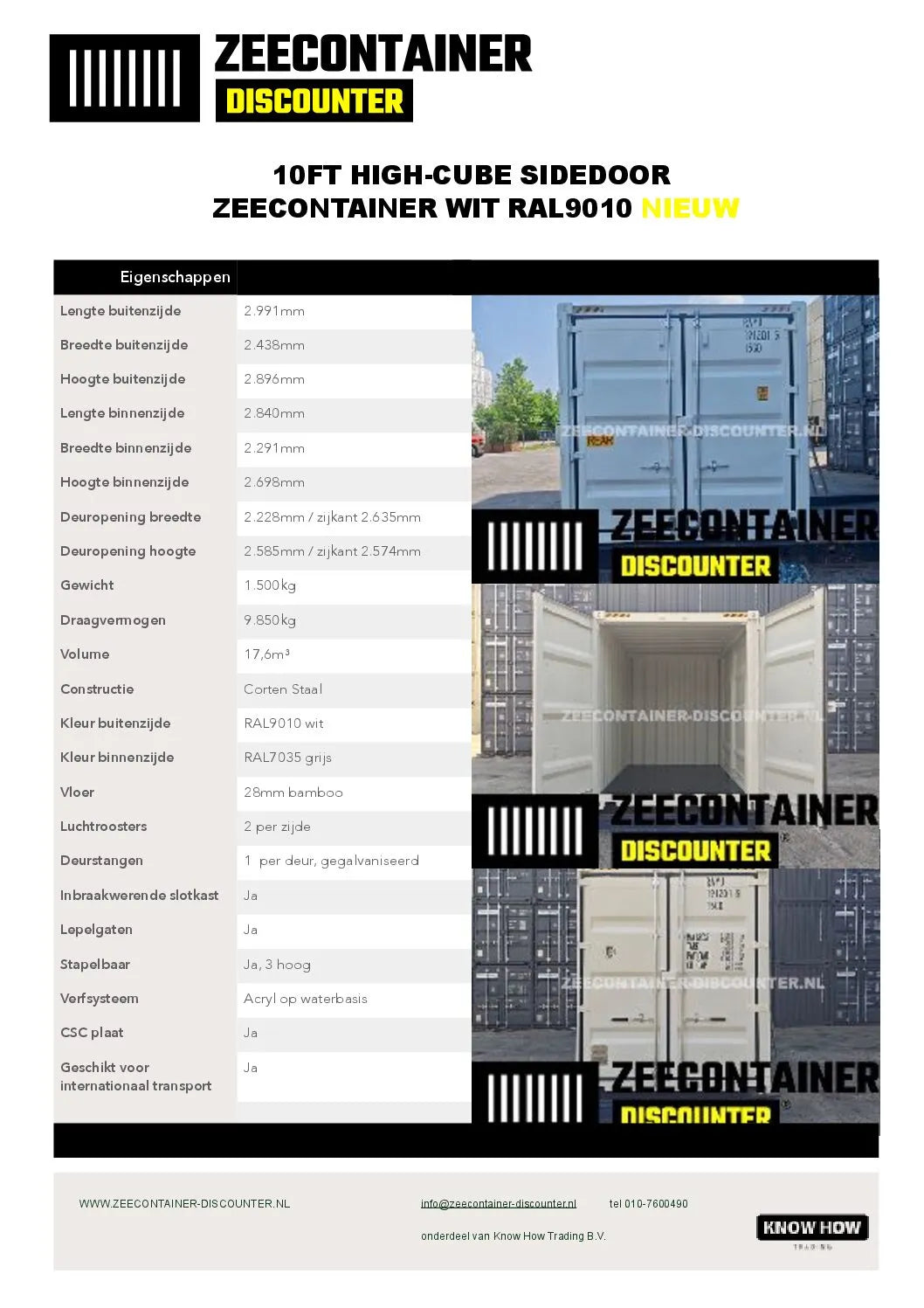 10ft High-Cube Open Side Zeecontainer – RAL 9010 Zuiver wit – Nieuw (CSC) Zeecontainer Discounter
