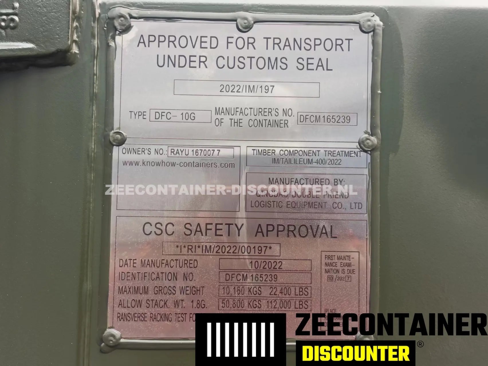 10ft Zeecontainer (Dry Van) – RAL 6007 Groen – Nieuw (CSC) Zeecontainer Discounter