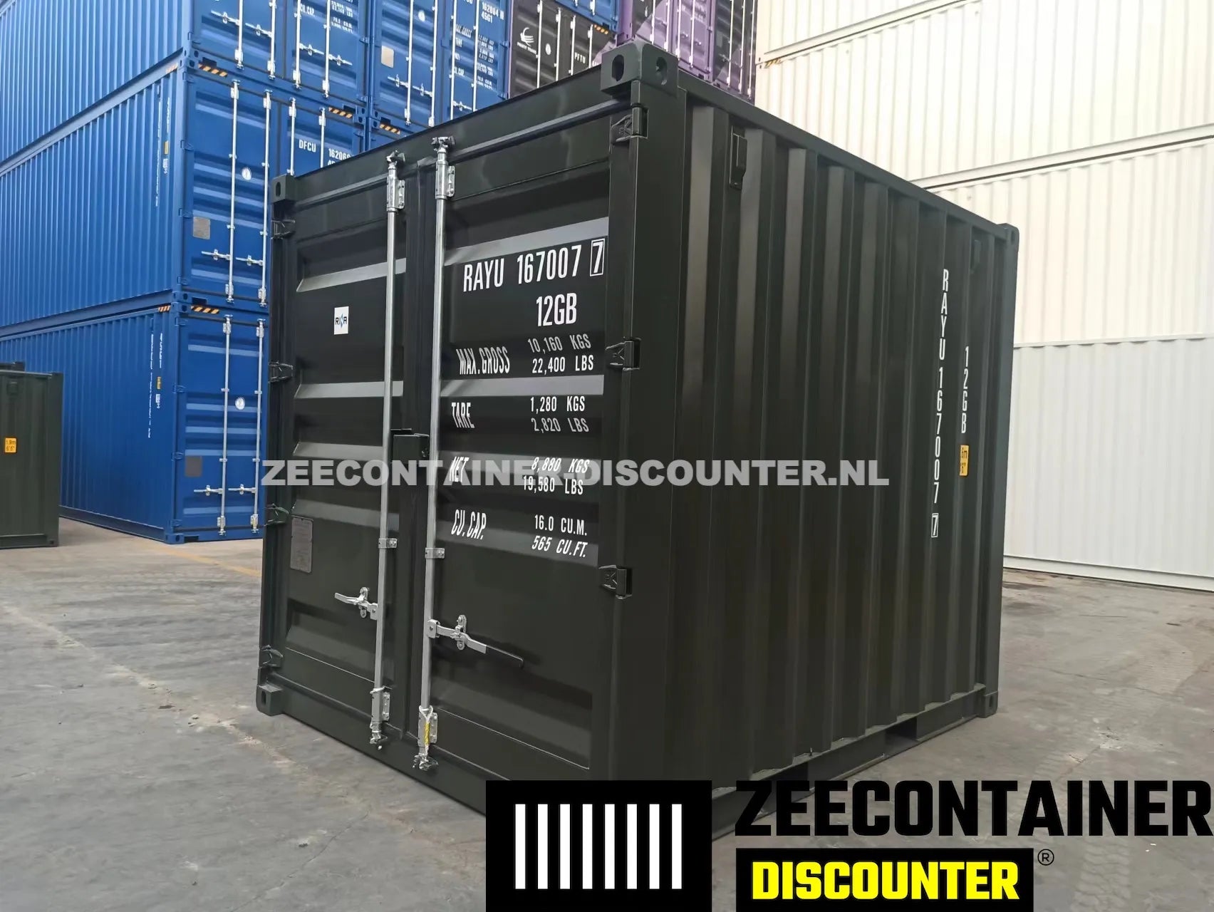 10ft Zeecontainer (Dry Van) – RAL 6007 Groen – Nieuw (CSC) Zeecontainer Discounter