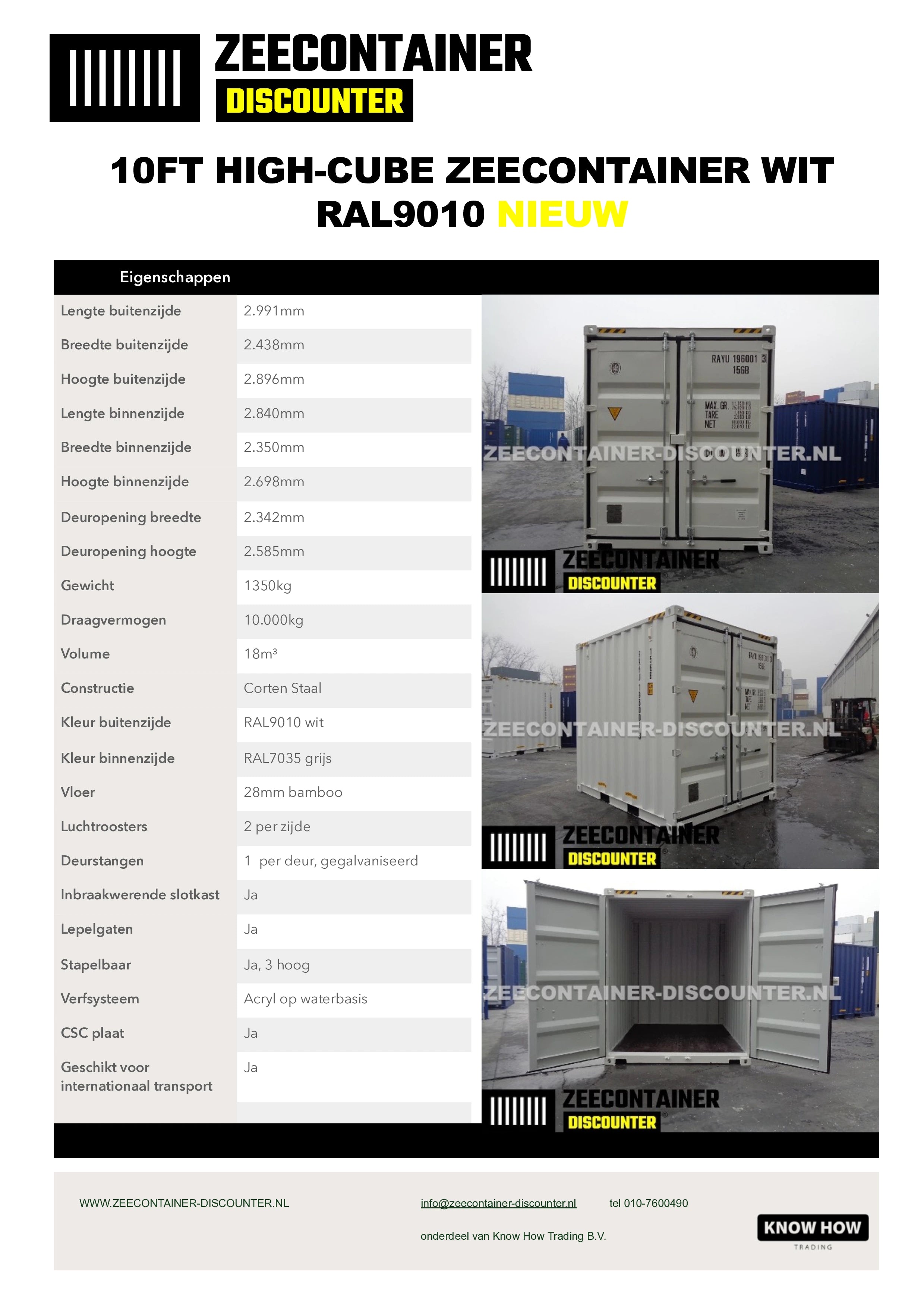 10ft High-Cube Zeecontainer – RAL 9010 Zuiver wit – Nieuw (CSC) Zeecontainer Discounter