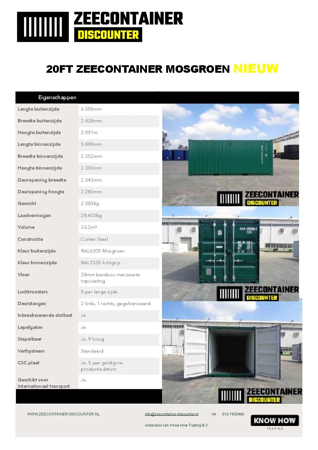 20ft Zeecontainer (Dry Van) – RAL 6005 Mosgroen – Nieuw Zeecontainer Discounter