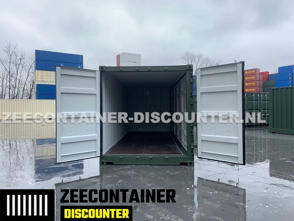 20ft Open-Side (FSA) Zeecontainer – RAL 6007 Groen – Nieuw (CSC) - Zeecontainer Discounter