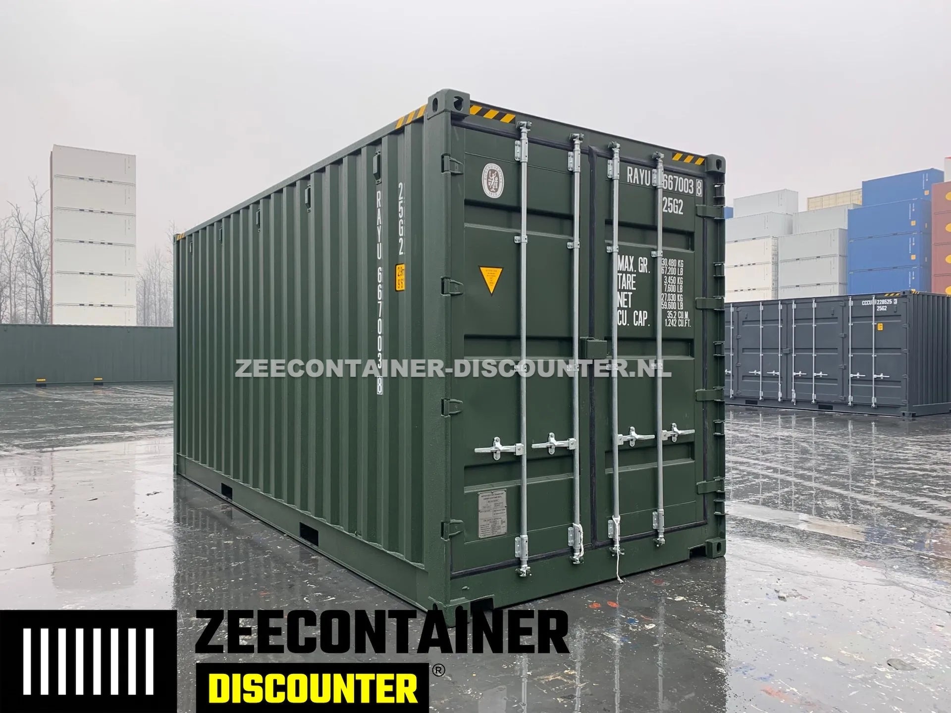 20ft High-Cube Open-Side Zeecontainer (HC-FSA) – RAL 6007 Groen – Nieuw (CSC) - Zeecontainer Discounter