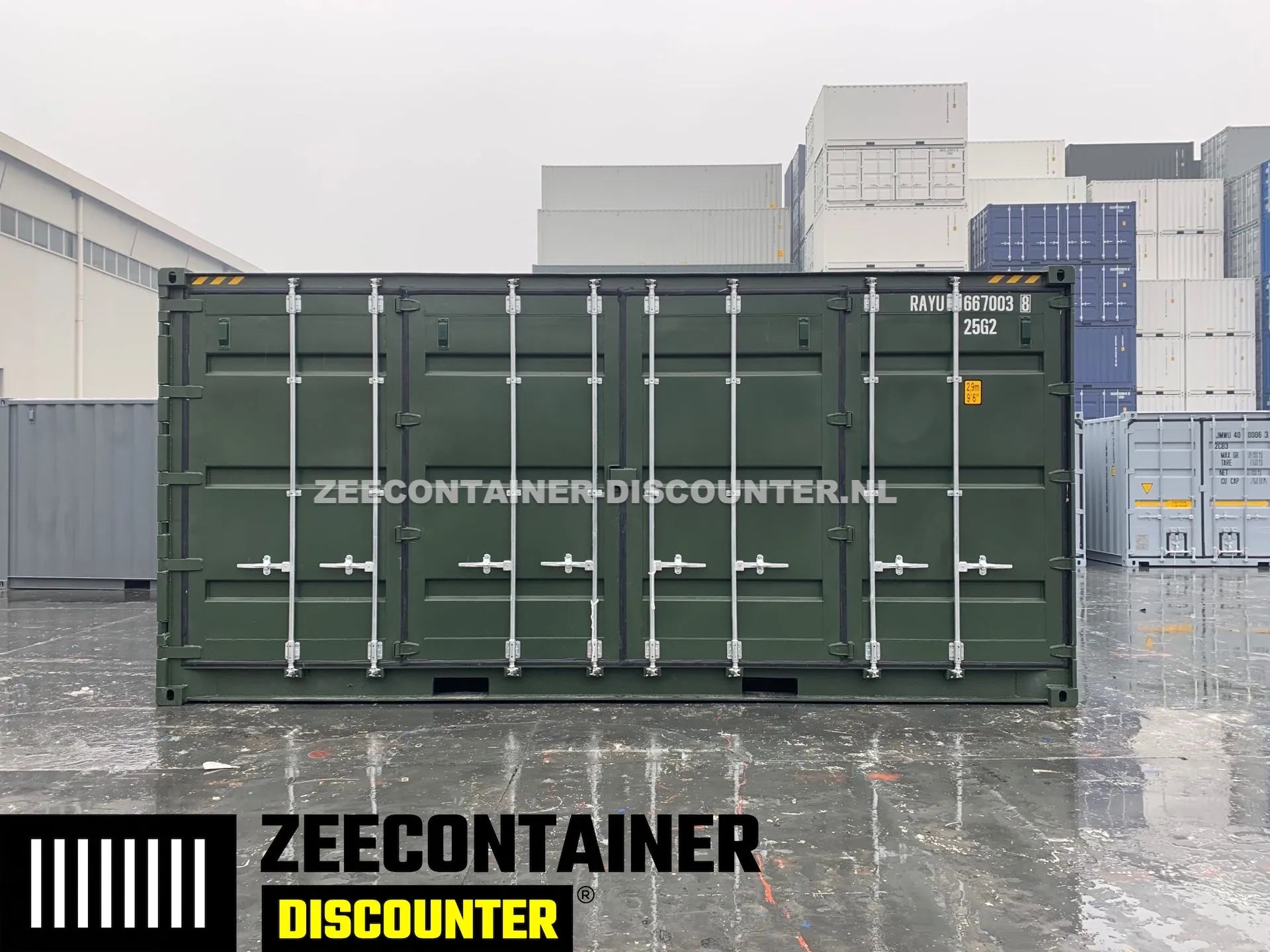 20ft High-Cube Open-Side Zeecontainer (HC-FSA) – RAL 6007 Groen – Nieuw (CSC) - Zeecontainer Discounter