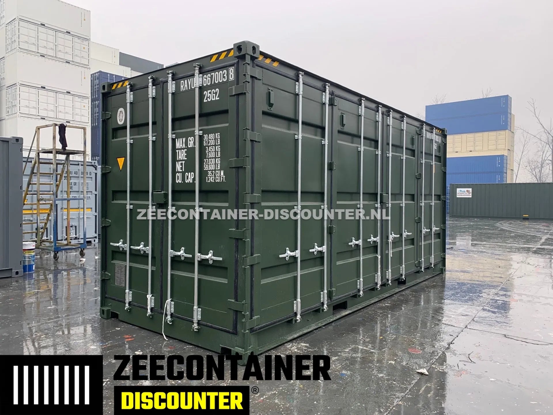 20ft High-Cube Open-Side Zeecontainer (HC-FSA) – RAL 6007 Groen – Nieuw (CSC) - Zeecontainer Discounter