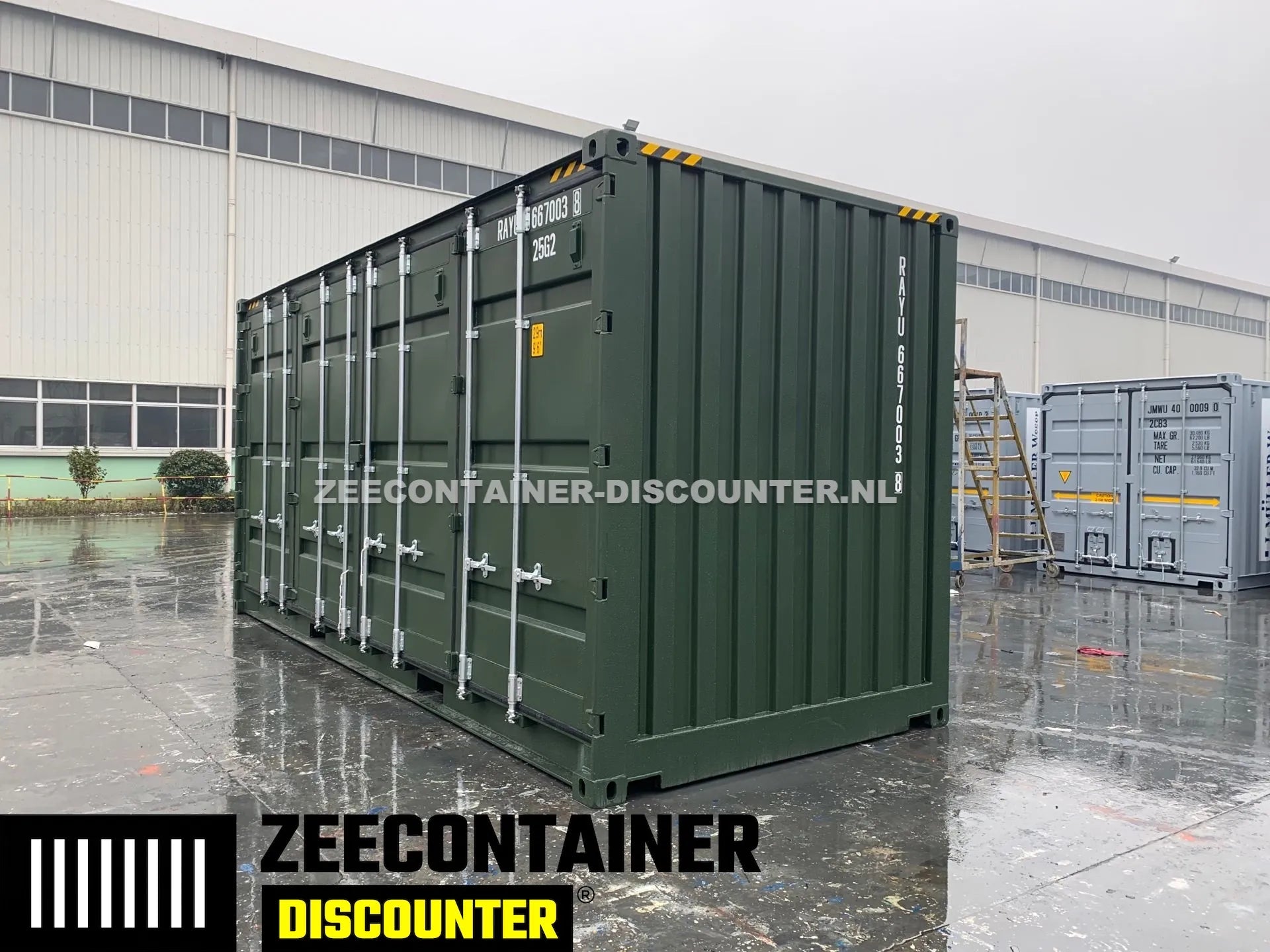 20ft High-Cube Open-Side Zeecontainer (HC-FSA) – RAL 6007 Groen – Nieuw (CSC) - Zeecontainer Discounter