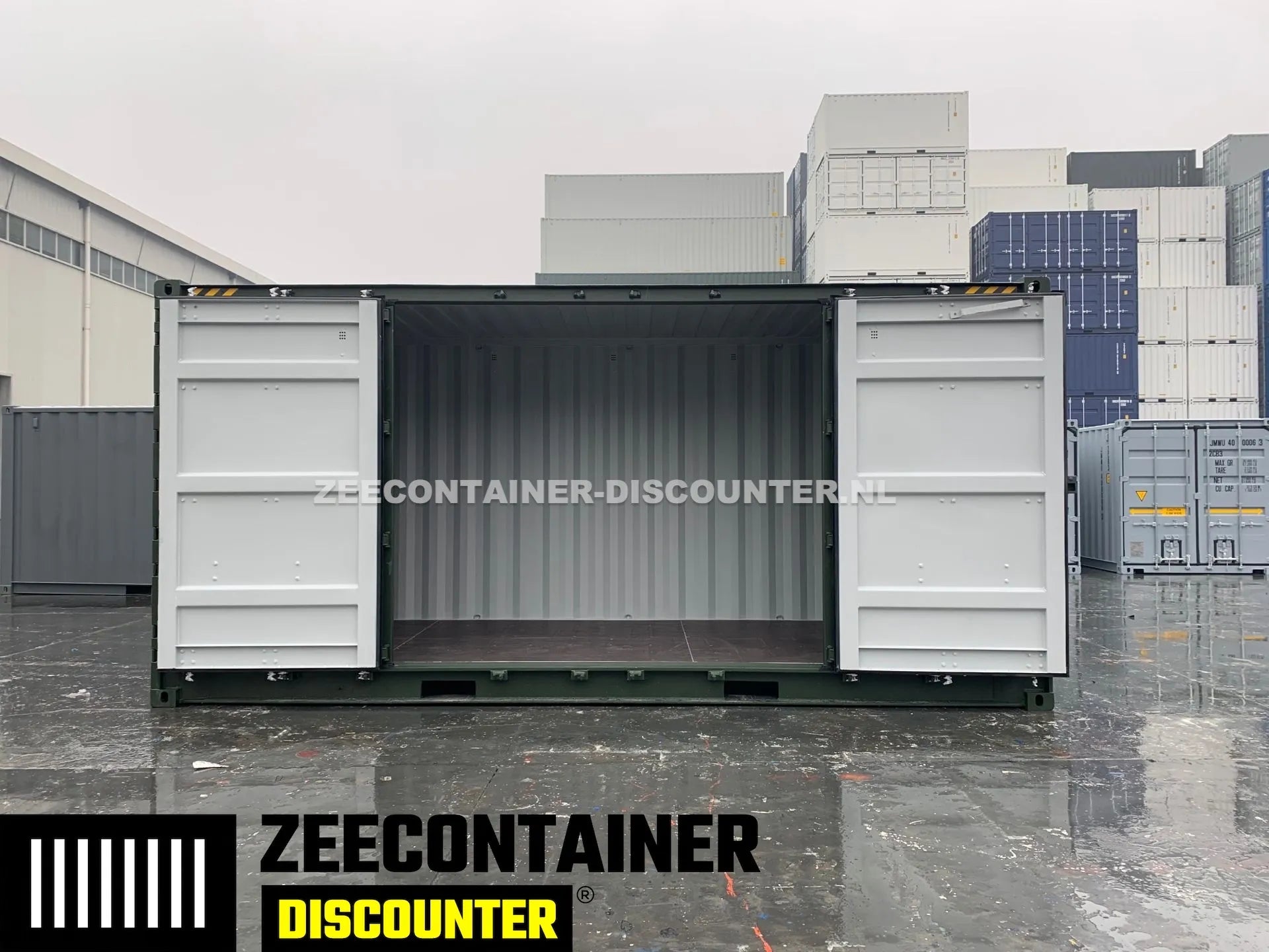 20ft High-Cube Open-Side Zeecontainer (HC-FSA) – RAL 6007 Groen – Nieuw (CSC) - Zeecontainer Discounter