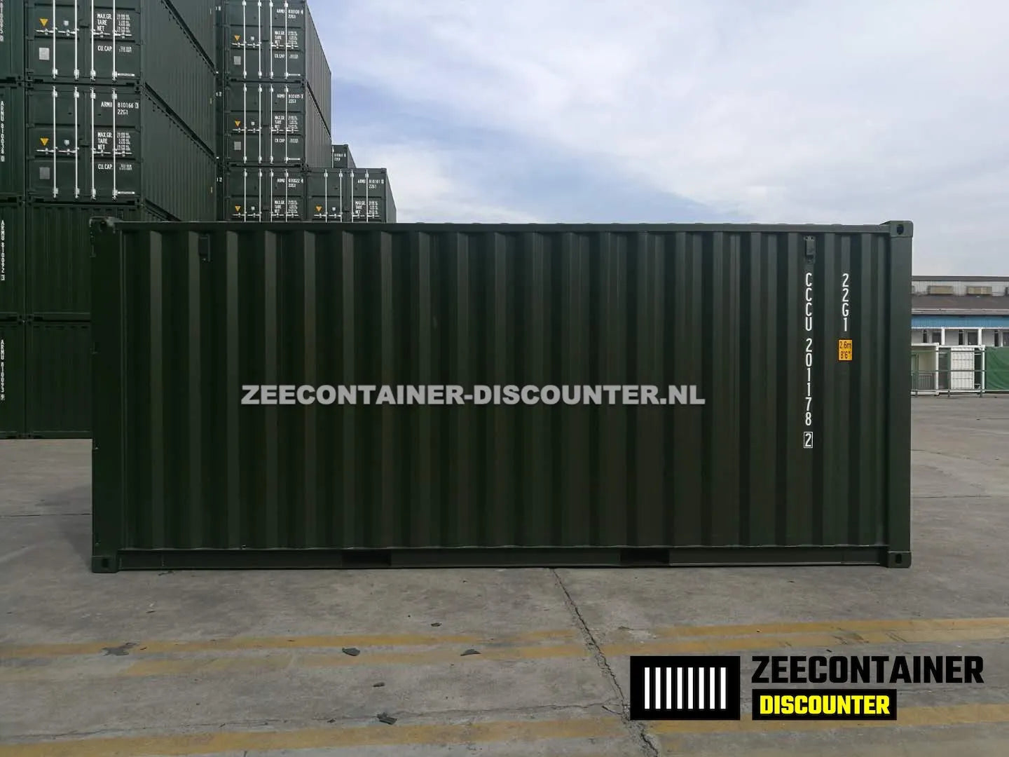 20ft Zeecontainer (Dry Van) – RAL 6007 Flessengroen – Nieuw Zeecontainer Discounter