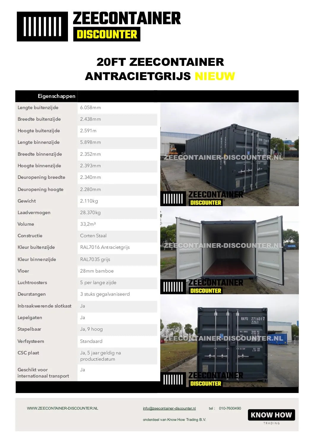 20ft Zeecontainer (Dry Van) – RAL 7016 Antracietgrijs – Nieuw Zeecontainer Discounter