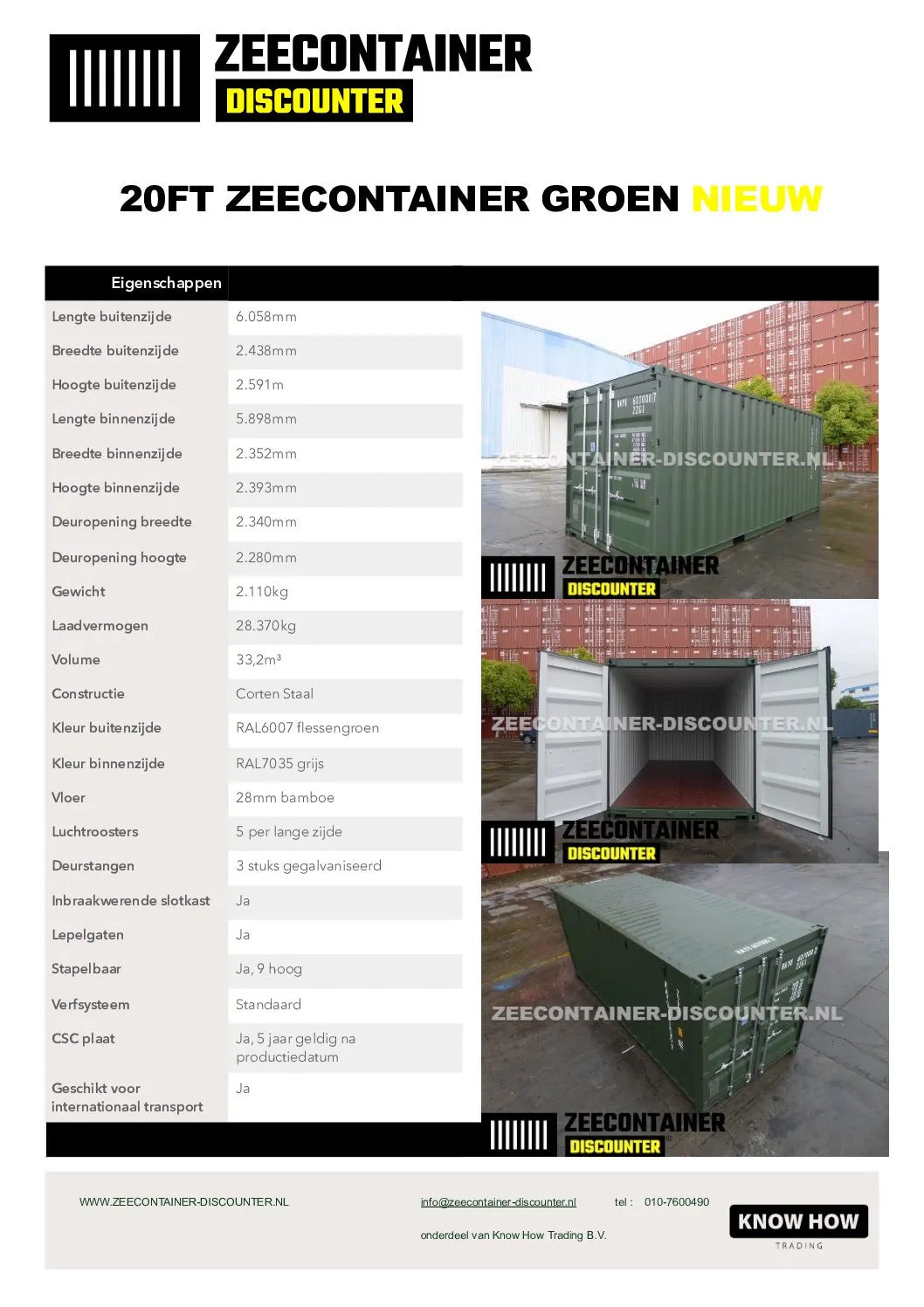 20ft Zeecontainer (Dry Van) – RAL 6007 Flessengroen – Nieuw Zeecontainer Discounter