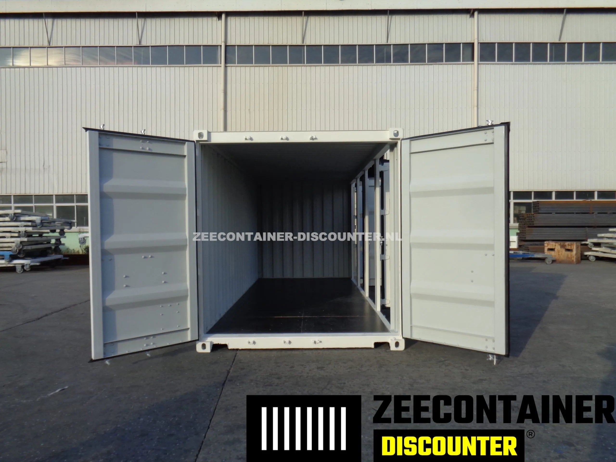 20ft Zeecontainer met 4 Zijdeuren – RAL 9010 Zwart – Nieuw (CSC) - Zeecontainer Discounter