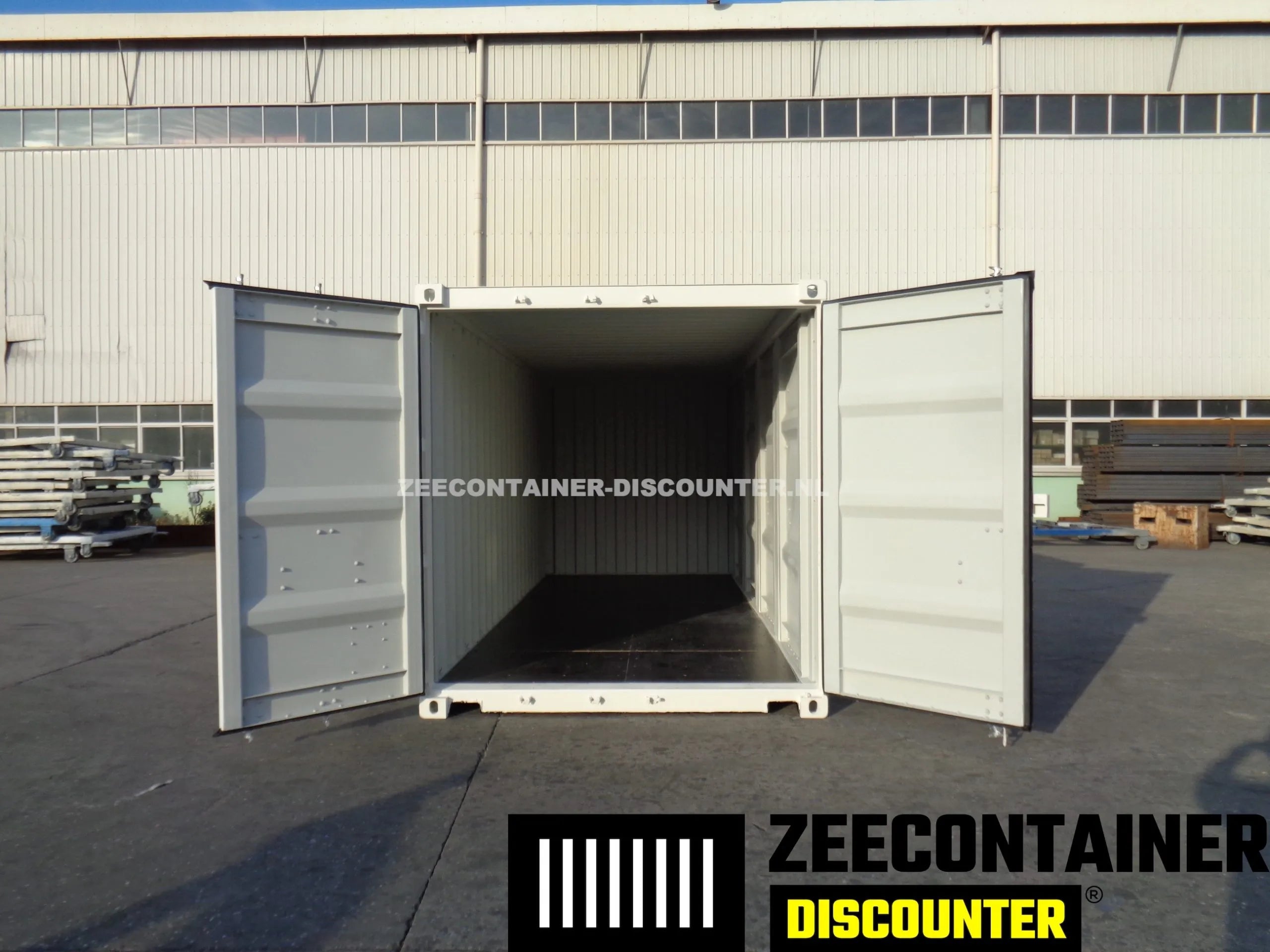 20ft Zeecontainer met 4 Zijdeuren – RAL 9010 Zwart – Nieuw (CSC) - Zeecontainer Discounter