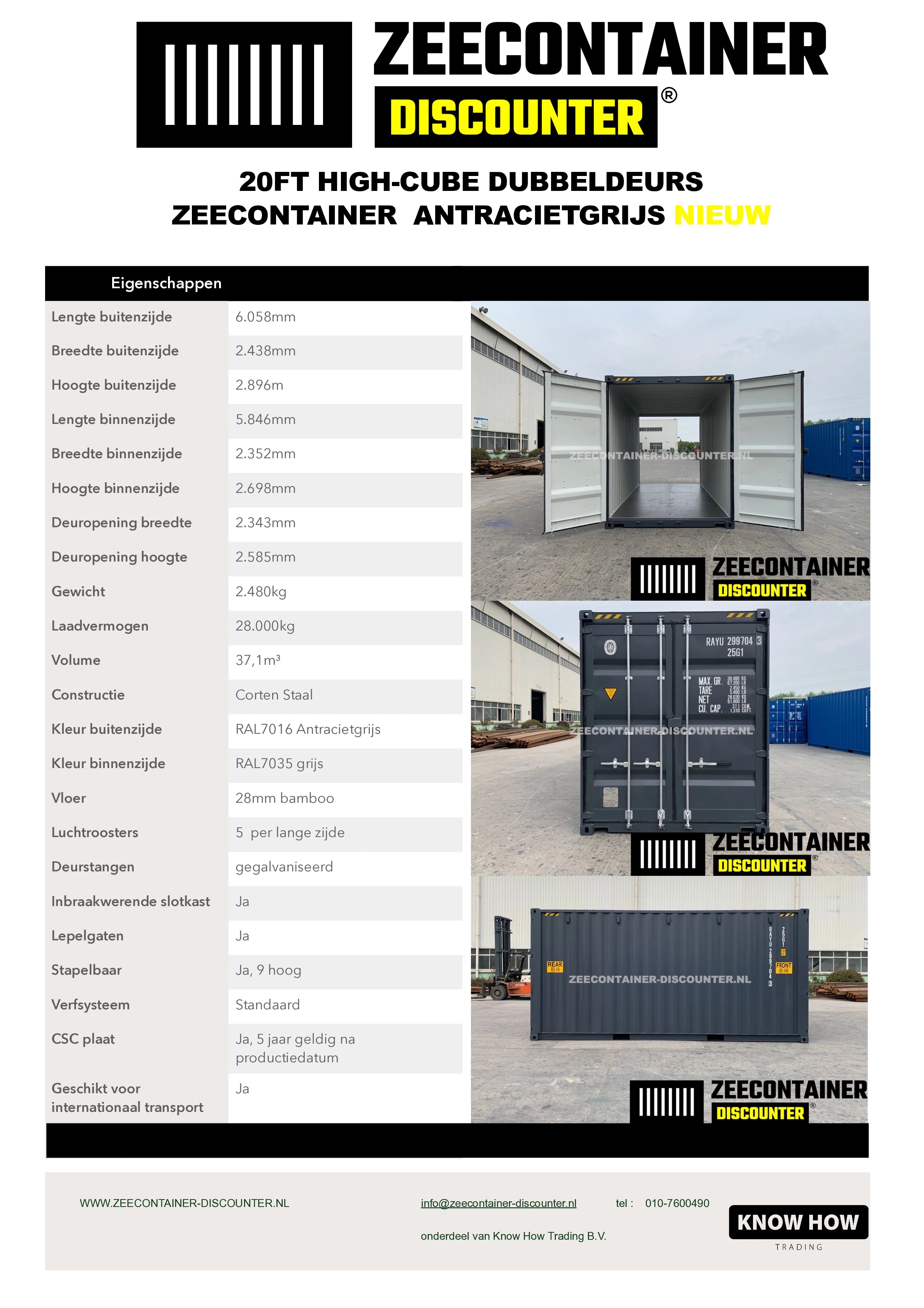 20ft High-Cube Dubbeldeurs Zeecontainer – RAL 7016 Antracietgrijs – Nieuw (CSC) Zeecontainer Discounter