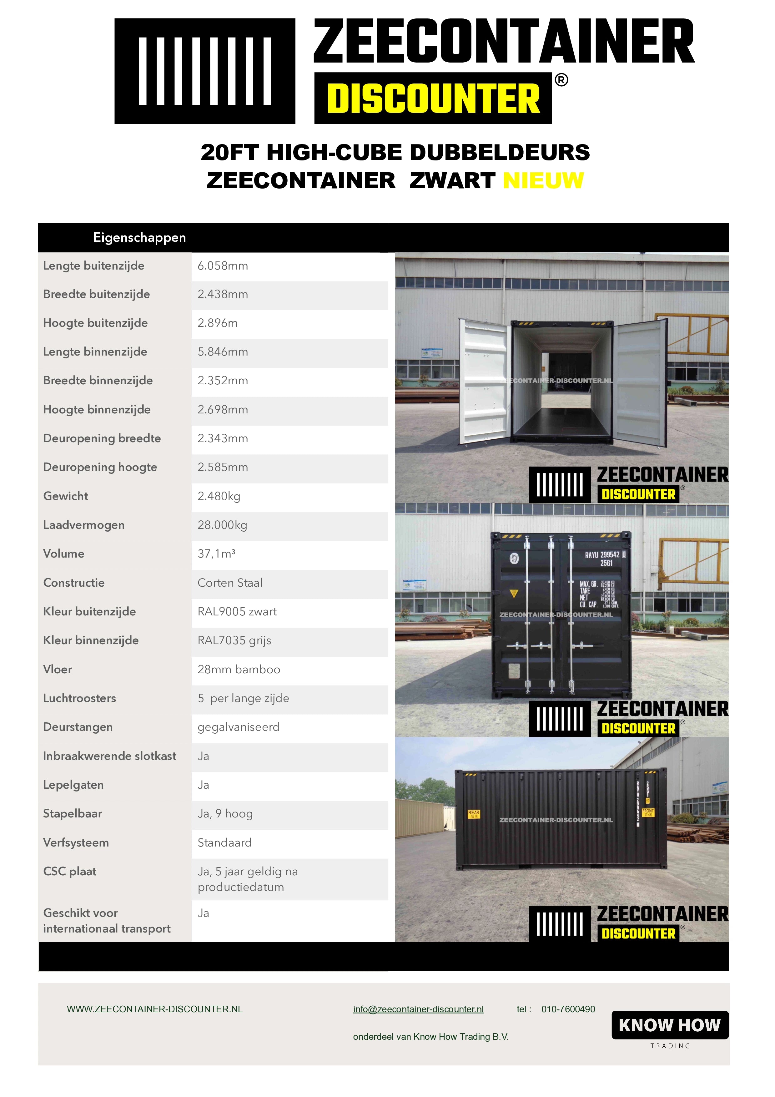 20ft High-Cube Dubbeldeurs Zeecontainer – RAL 9005 Gitzwart – Nieuw (CSC) - Zeecontainer Discounter