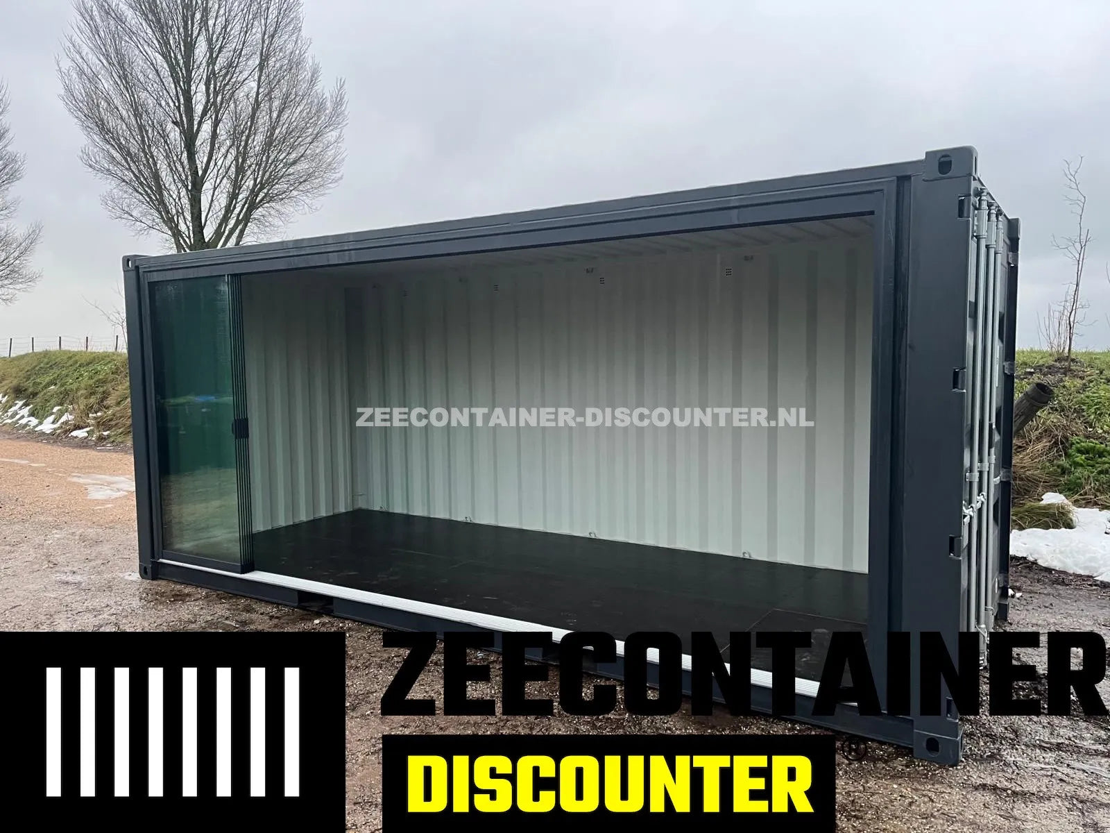 20ft Zeecontainer met Glazen Schuifpui Zonder Middenstaander – Premium Uitvoering Zeecontainer Discounter