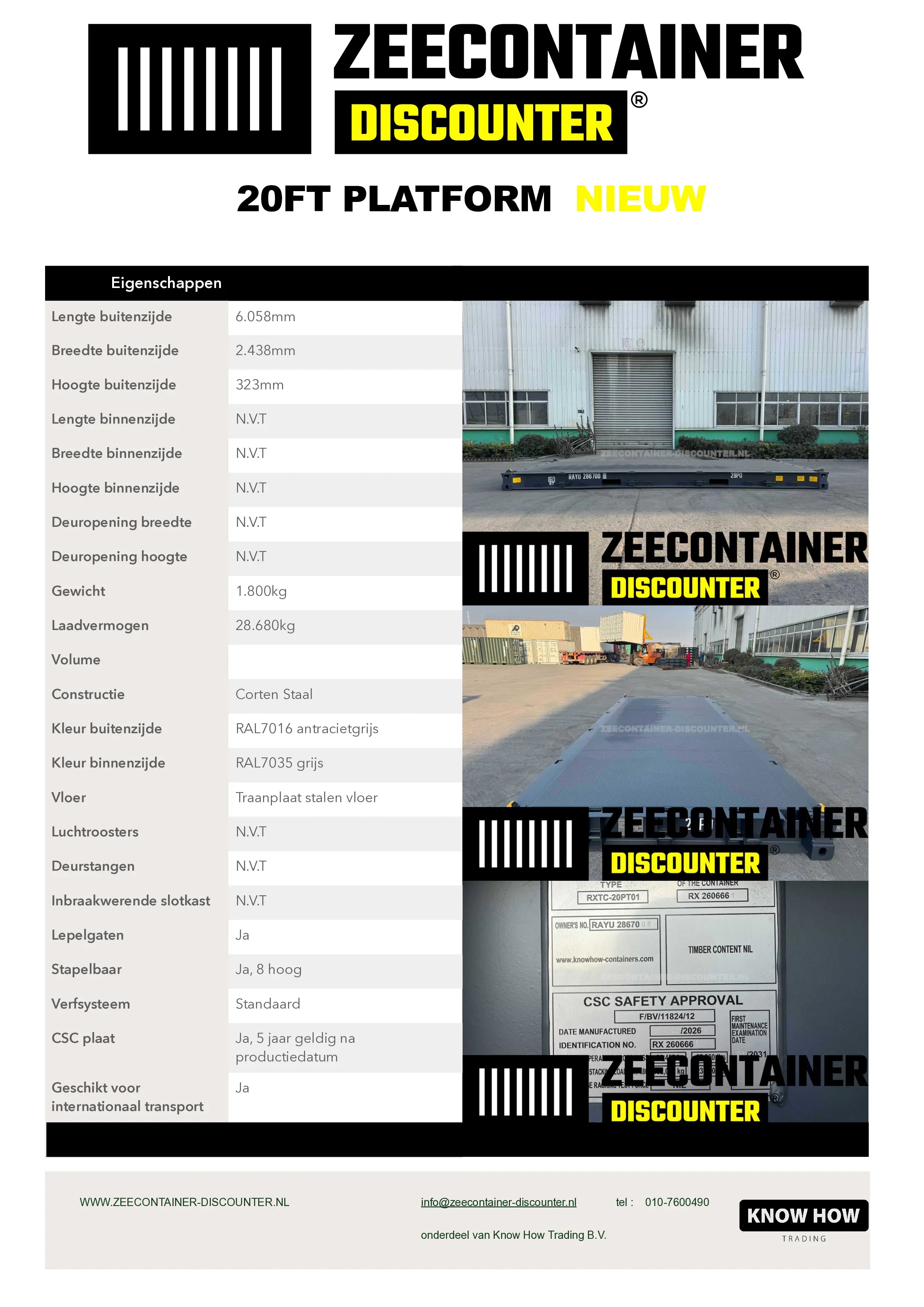 20ft Platform container – RAL 7016 Antracietgrijs – Nieuw (CSC) Zeecontainer Discounter