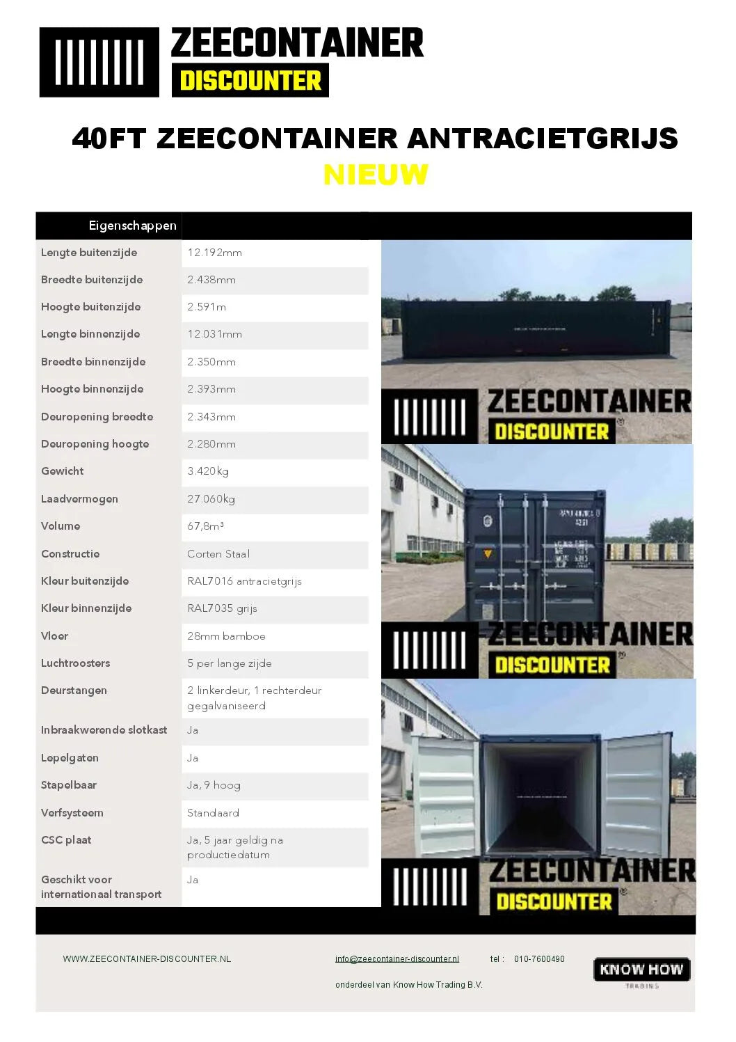 40ft Zeecontainer (Dry Van) – RAL 7016 Antracietgrijs – Nieuw (CSC) - Zeecontainer Discounter