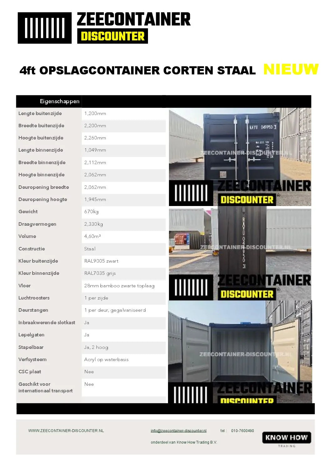 4ft opslagcontainer 2330kg Draagvermogen – RAL 9005 Gitzwart – Nieuw Zeecontainer Discounter