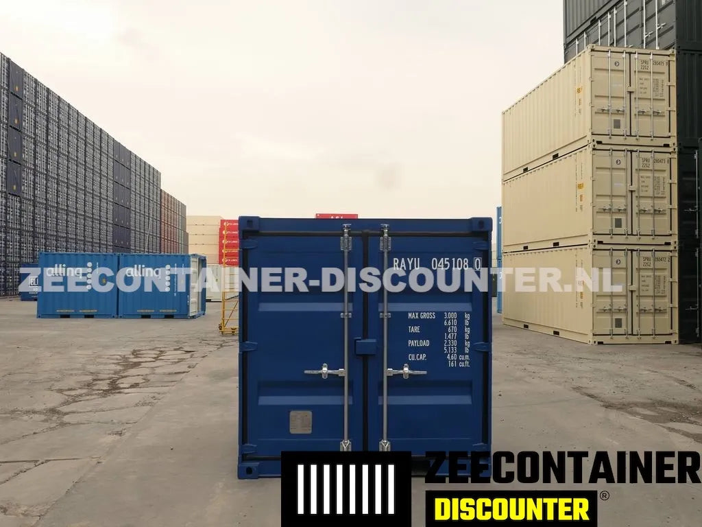 4ft opslagcontainer 2330kg Draagvermogen – RAL 5010 Blauw – Nieuw Zeecontainer Discounter