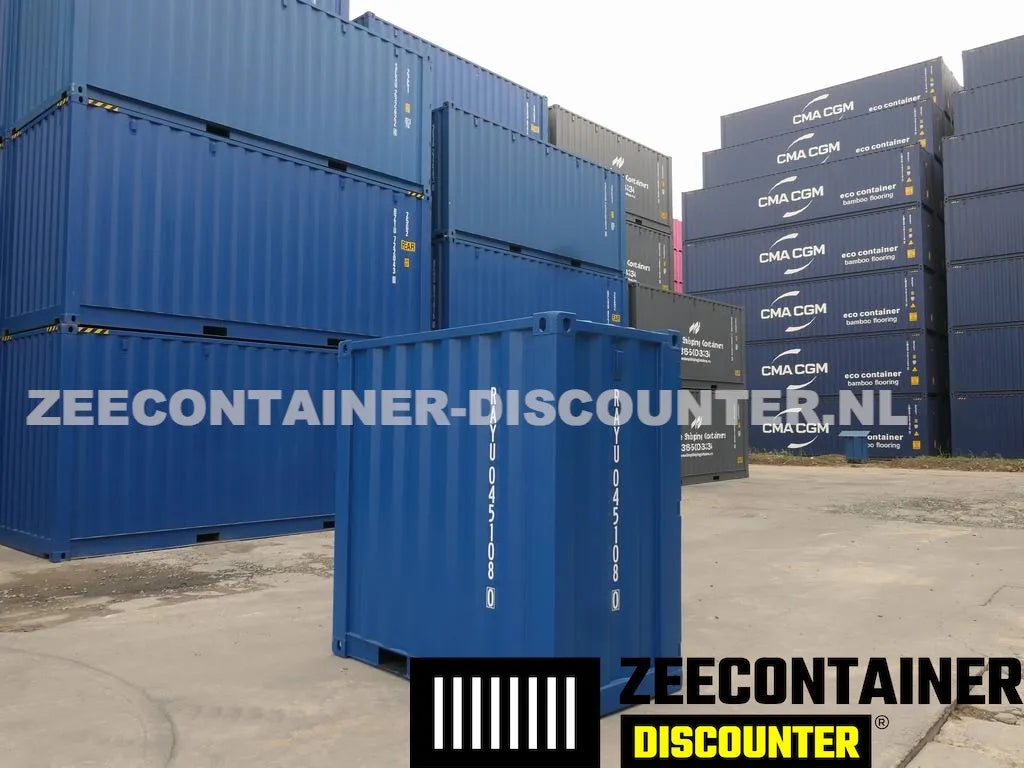 4ft opslagcontainer 2330kg Draagvermogen – RAL 5010 Blauw – Nieuw Zeecontainer Discounter