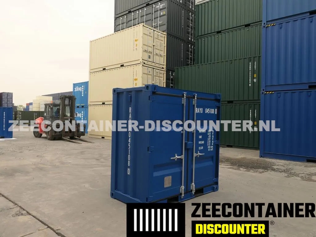 4ft opslagcontainer 2330kg Draagvermogen – RAL 5010 Blauw – Nieuw Zeecontainer Discounter