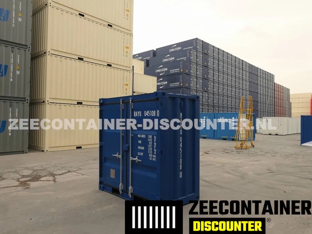 4ft opslagcontainer 2330kg Draagvermogen – RAL 5010 Blauw – Nieuw Zeecontainer Discounter
