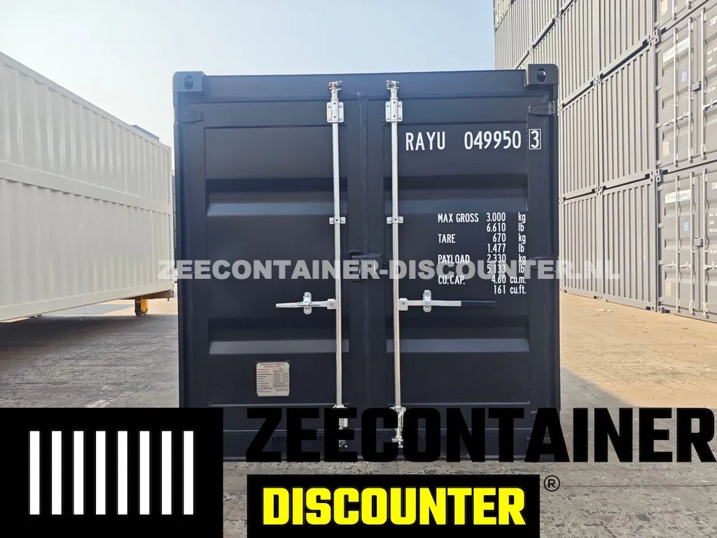 4ft opslagcontainer 2330kg Draagvermogen – RAL 9005 Gitzwart – Nieuw Zeecontainer Discounter