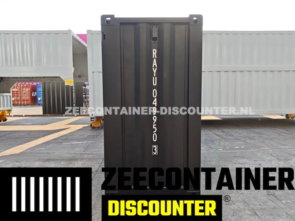 4ft opslagcontainer 2330kg Draagvermogen – RAL 9005 Gitzwart – Nieuw Zeecontainer Discounter