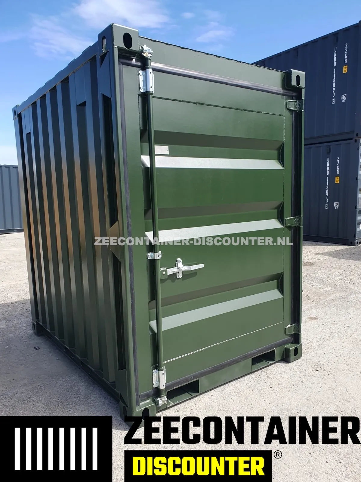 5ft opslagcontainer 1530kg Draagvermogen – RAL 6007 Flessengroen – Nieuw - Zeecontainer Discounter