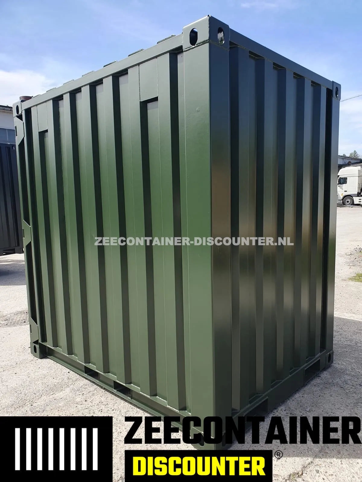 5ft opslagcontainer 1530kg Draagvermogen – RAL 6007 Flessengroen – Nieuw - Zeecontainer Discounter