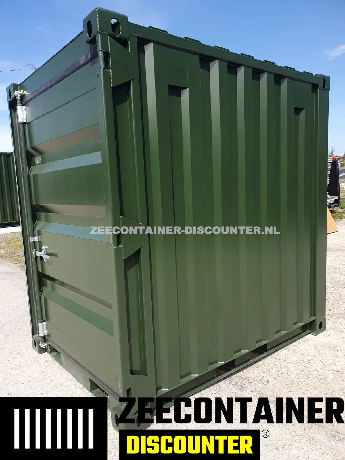 5ft opslagcontainer 1530kg Draagvermogen – RAL 6007 Flessengroen – Nieuw - Zeecontainer Discounter