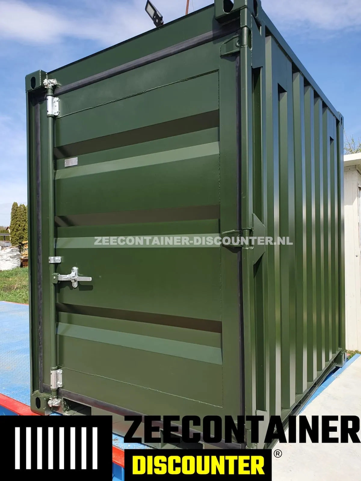 5ft opslagcontainer 1530kg Draagvermogen – RAL 6007 Flessengroen – Nieuw - Zeecontainer Discounter