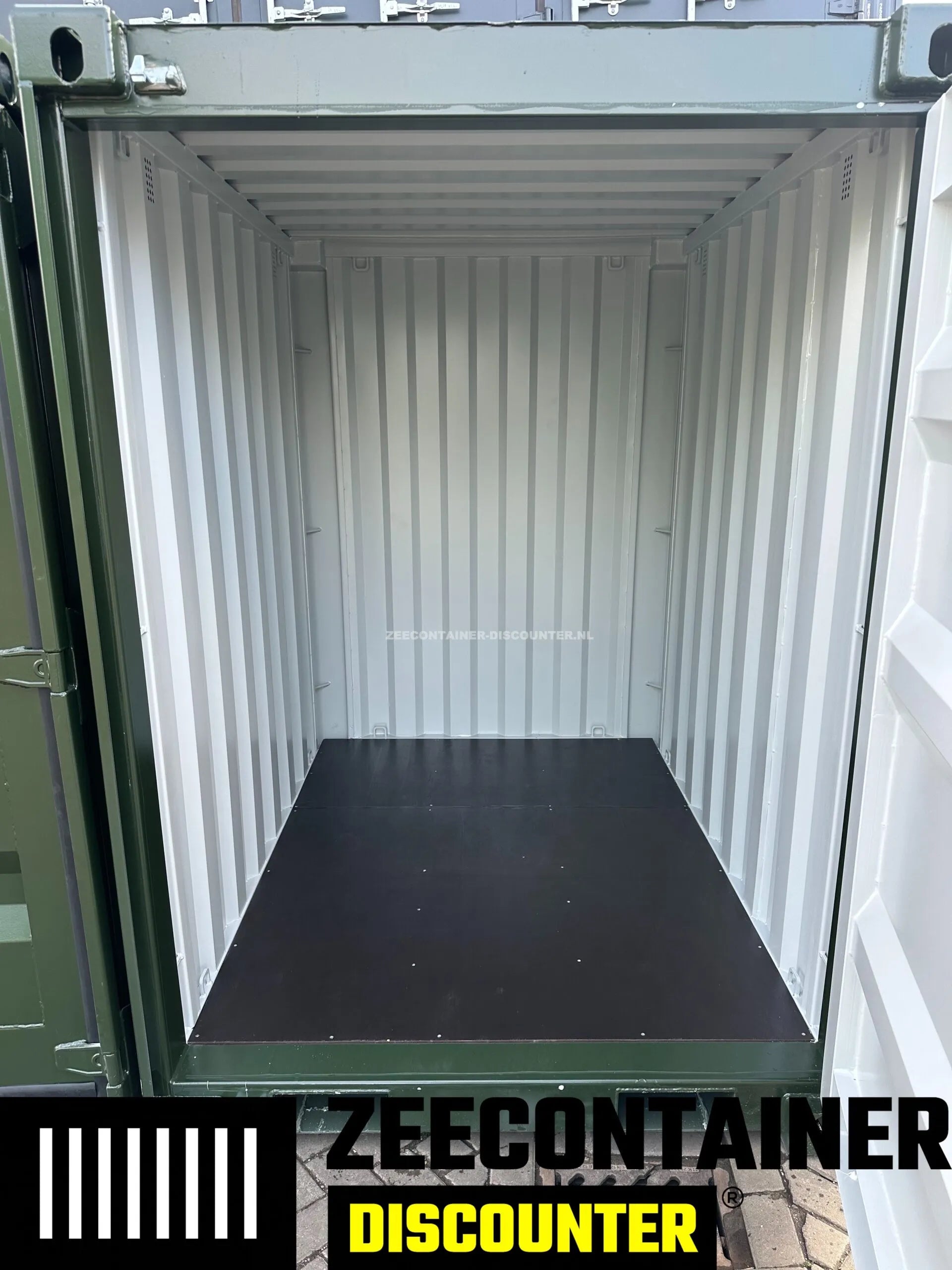5ft opslagcontainer 1530kg Draagvermogen – RAL 6007 Flessengroen – Nieuw - Zeecontainer Discounter