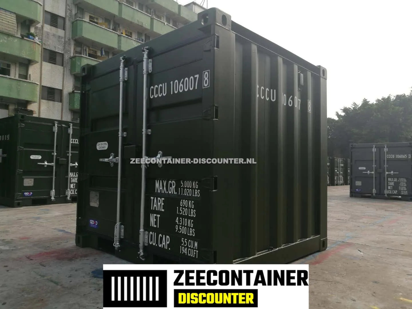 6ft Opslagcontainer in Cortenstaal – RAL 6007 Groen – Nieuw Zeecontainer Discounter