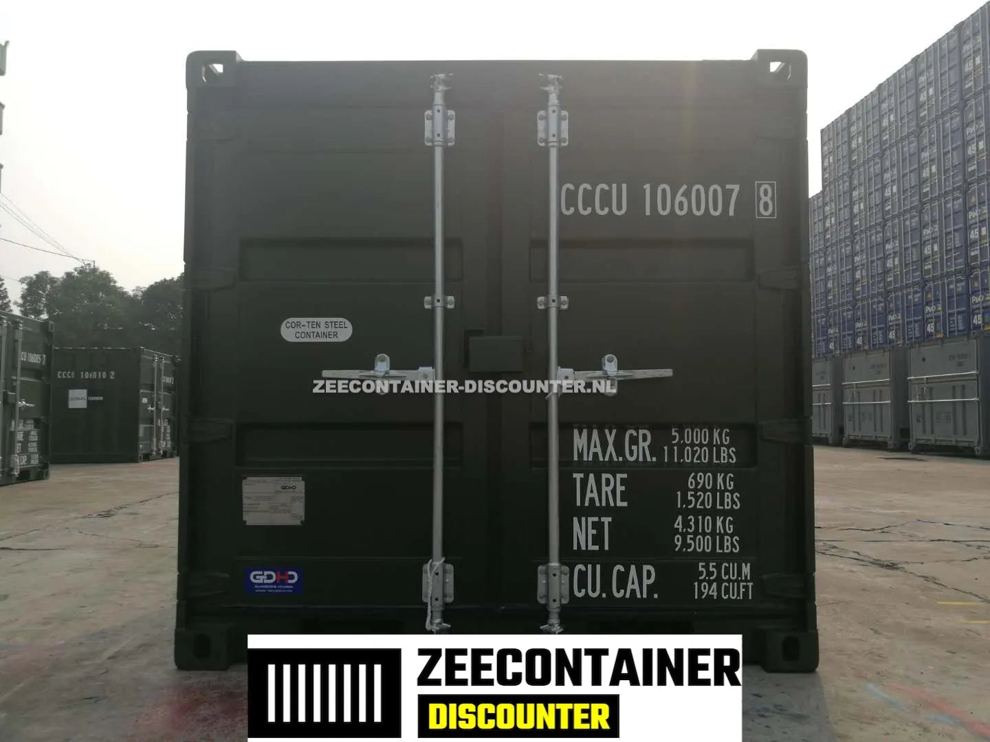 6ft Opslagcontainer in Cortenstaal – RAL 6007 Groen – Nieuw Zeecontainer Discounter