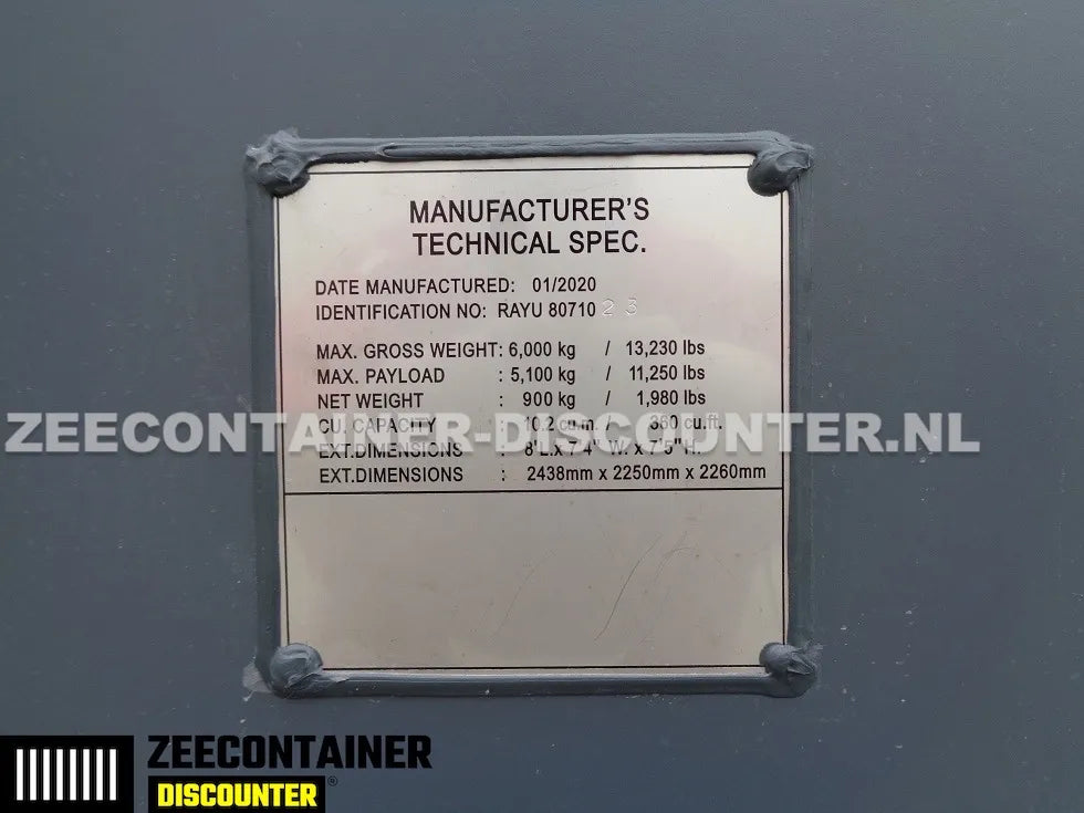 8ft Opslagcontainer 5100kg Draagvermogen met Slotkast – RAL 9005 – Nieuw - Zeecontainer Discounter