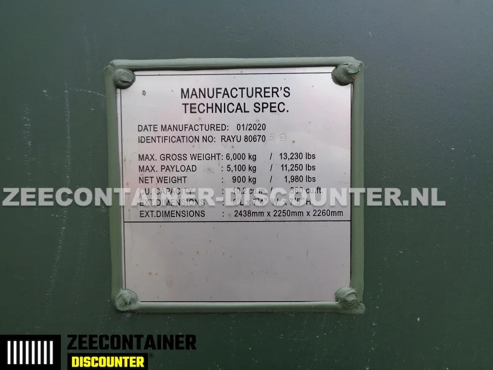 8ft Opslagcontainer 5100kg Draagvermogen met Slotkast – RAL 6007 – Nieuw - Zeecontainer Discounter