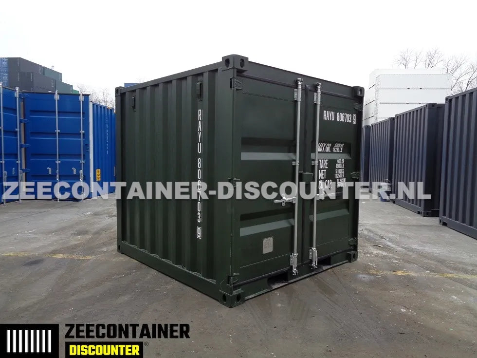 8ft Opslagcontainer 5100kg Draagvermogen met Slotkast – RAL 6007 – Nieuw - Zeecontainer Discounter