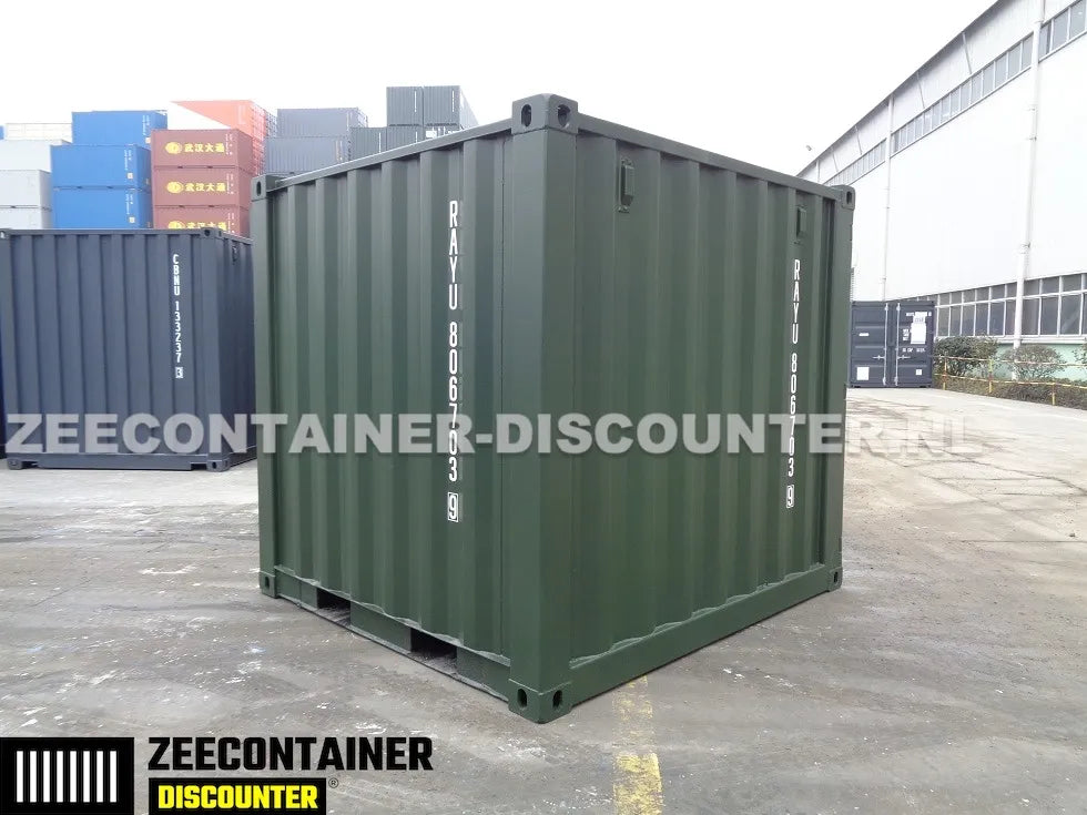 8ft Opslagcontainer 5100kg Draagvermogen met Slotkast – RAL 6007 – Nieuw - Zeecontainer Discounter