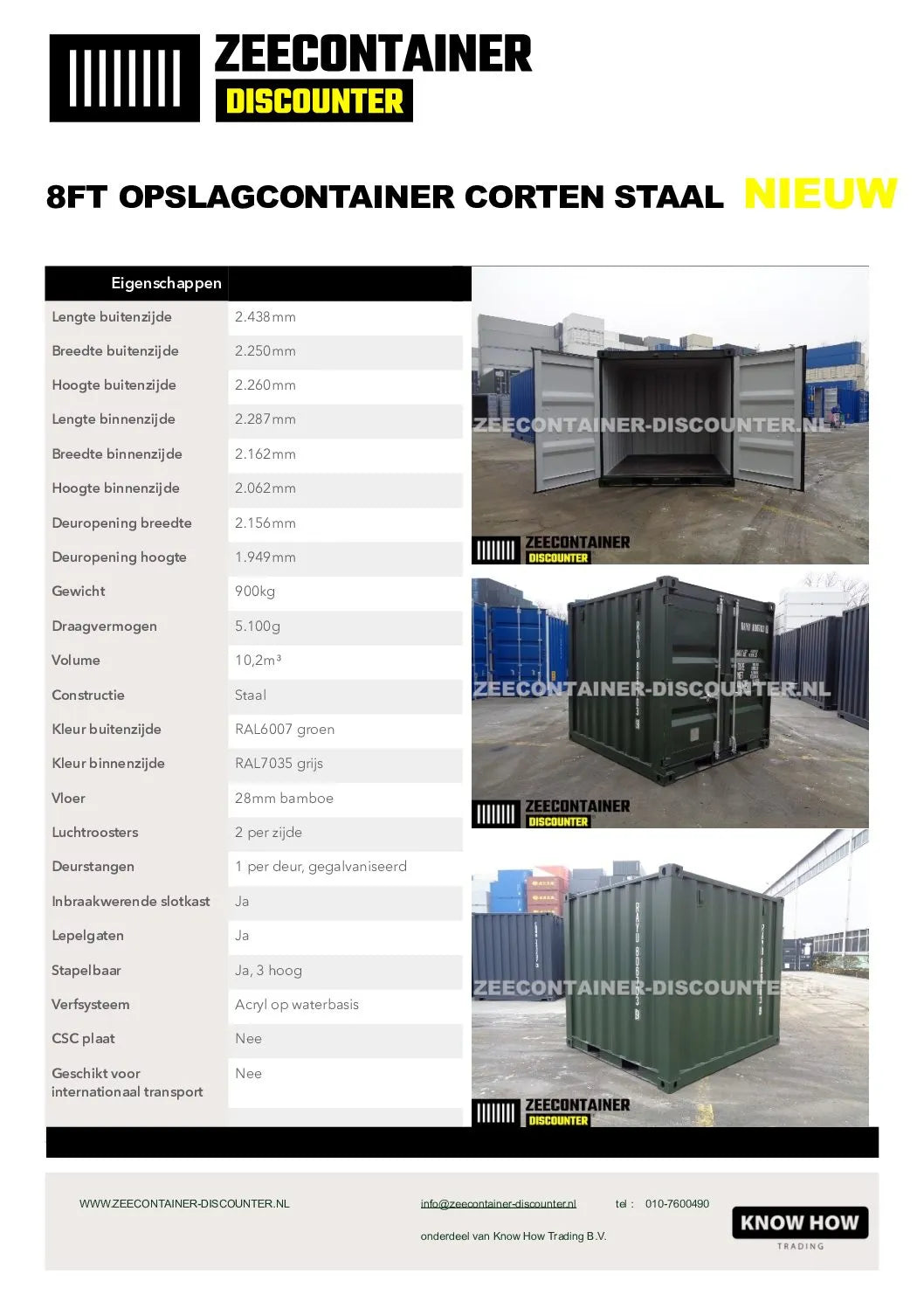 8ft Opslagcontainer 5100kg Draagvermogen met Slotkast – RAL 6007 – Nieuw - Zeecontainer Discounter
