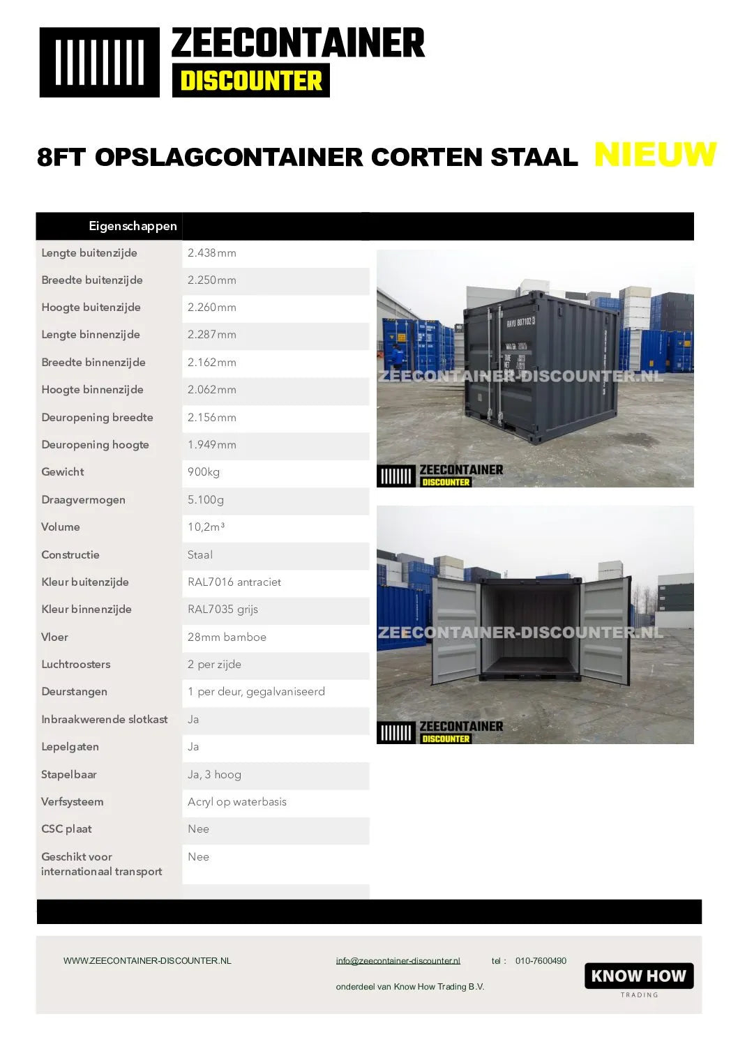 8ft Opslagcontainer 5100kg Draagvermogen met Slotkast – RAL 9005 – Nieuw - Zeecontainer Discounter