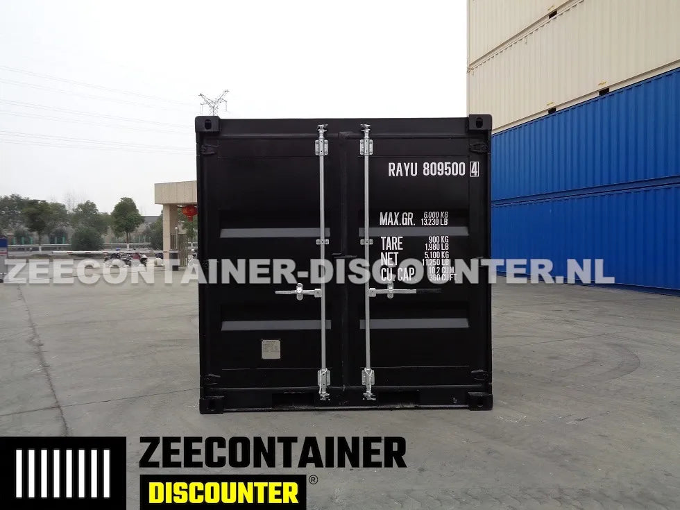 8ft Opslagcontainer 5100kg Draagvermogen met Slotkast – RAL 9005 – Nieuw Zeecontainer Discounter