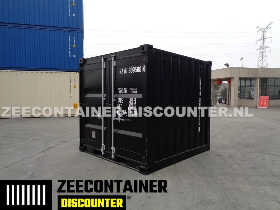 8ft Opslagcontainer 5100kg Draagvermogen met Slotkast – RAL 9005 – Nieuw Zeecontainer Discounter