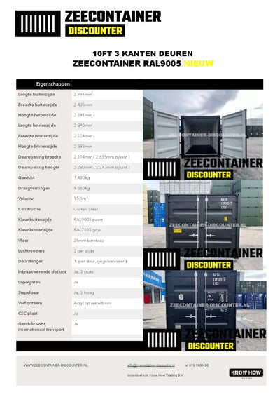10ft Open Side Zeecontainer – RAL 9005 Gitzwart – Nieuw (CSC) Zeecontainer Discounter