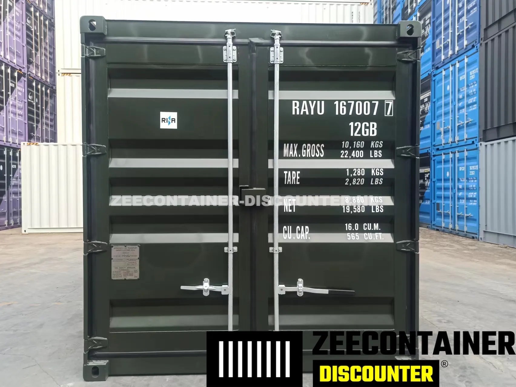 10ft Zeecontainer (Dry Van) – RAL 6007 Groen – Nieuw (CSC) Zeecontainer Discounter