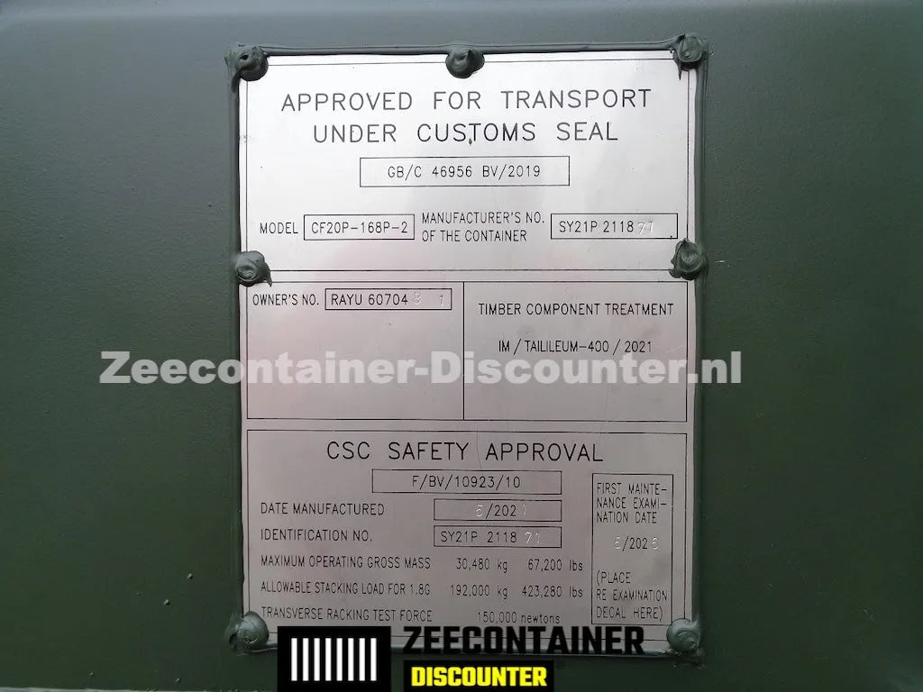 20ft Zeecontainer (Dry Van) – RAL 6007 Flessengroen – Nieuw Zeecontainer Discounter