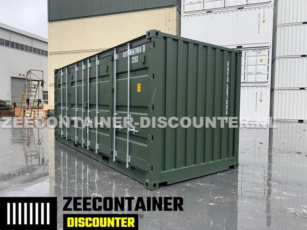 20ft Open-Side (FSA) Zeecontainer  – RAL 6007 Groen – Nieuw (CSC) - Zeecontainer Discounter