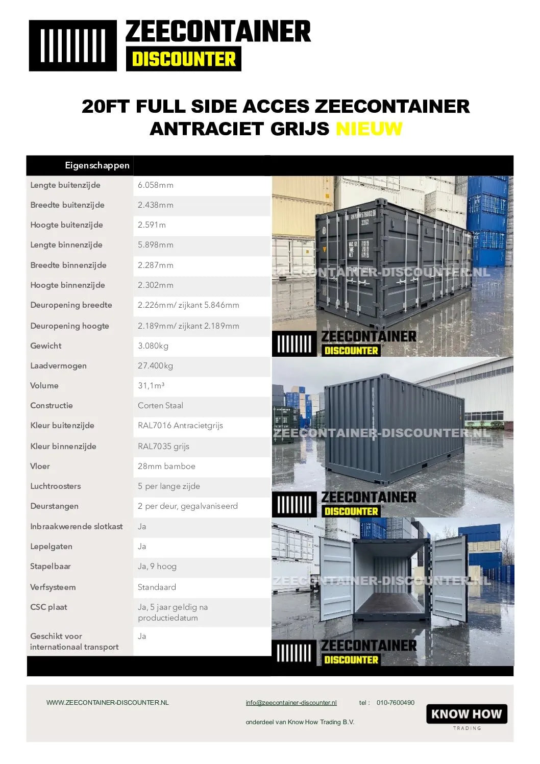 20ft Open-Side (FSA) Zeecontainer  – RAL 7016 Grijs – Nieuw (CSC) Zeecontainer Discounter